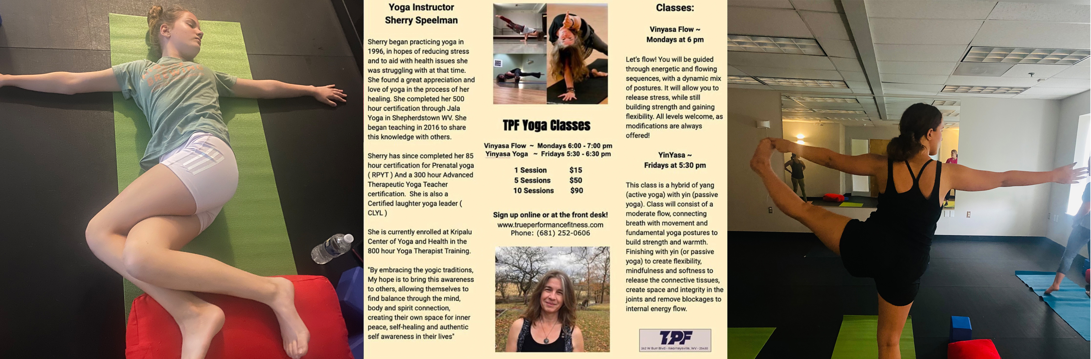 Yoga classes Mondays at 6pm and Fridays at 5:30pm, taught by Sherry Speelman