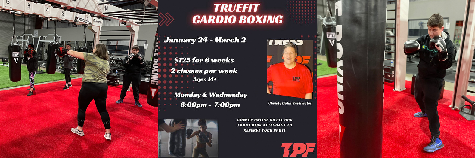 Monday and Wednesday 6PM Classes for Truefit Cardio Boxing, taught by Christy Dolin