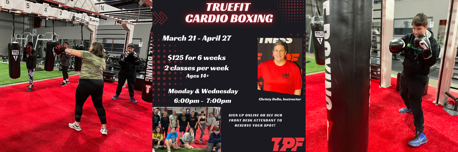 Monday and Wednesday 6PM Classes for TrueFit Cardio Boxing, taught by Christy Dolin